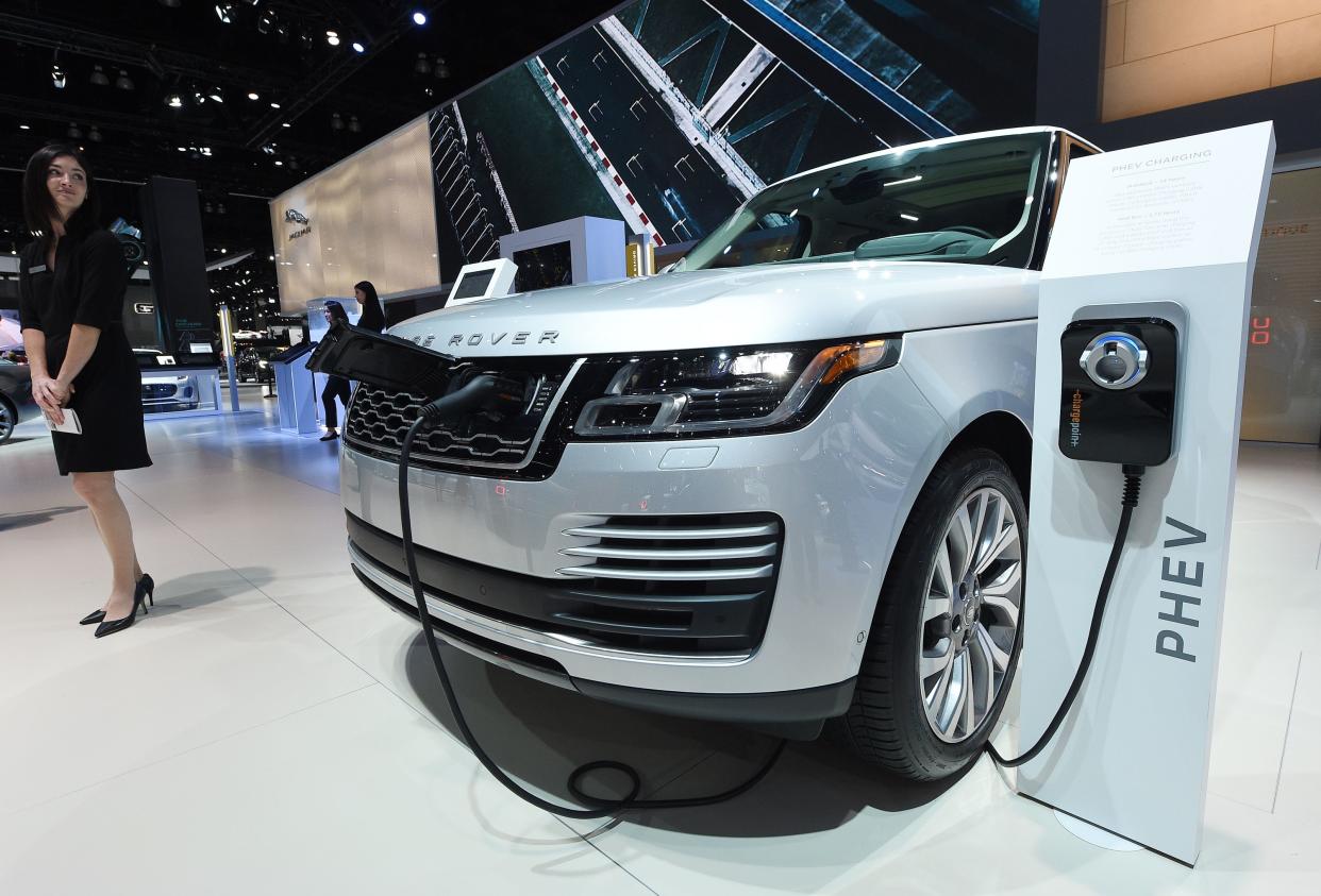 The Land Rover plug-in hybrid Range Rover Sport is displayed during the auto trade show AutoMobility LA at the Los Angeles Convention Center November 30, 2017, in Los Angeles, California.