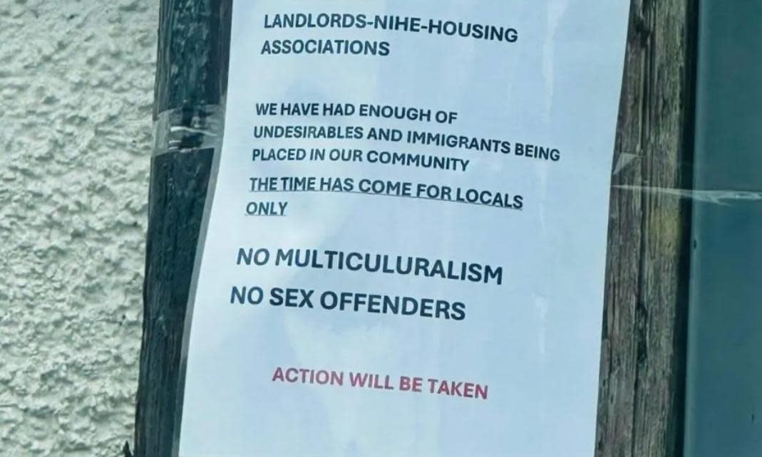 <span>One of the anti-immigrant posters put up by the suspected loyalist gang.</span><span>Photograph: BBC news</span>