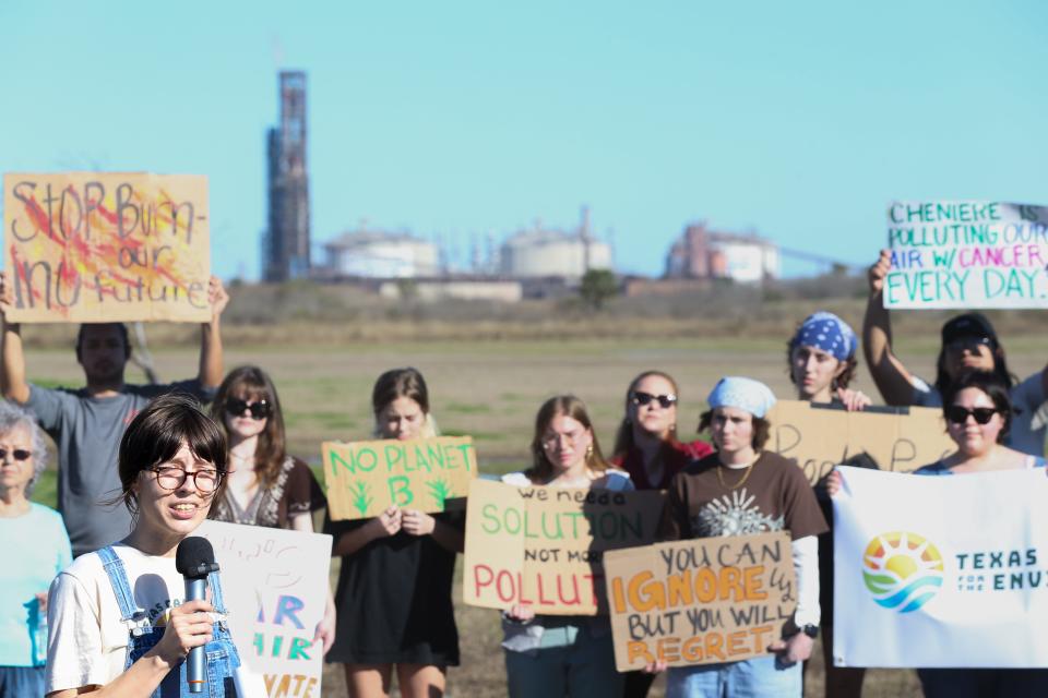 Autumn Hensiek-Fain, Coastal Bend fossil fuel exports organizer for Texas Campaign for the Environment, speaks to a crowd at a press conference at Simpson Park in Portland Saturday, Feb. 3, 2024.