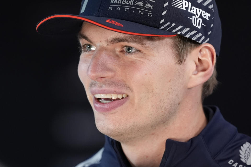 Red Bull driver Max Verstappen, of the Netherlands, speaks to the media ahead of the Formula One Las Vegas Grand Prix auto race, Wednesday, Nov. 15, 2023, in Las Vegas. (AP Photo/Nick Didlick)