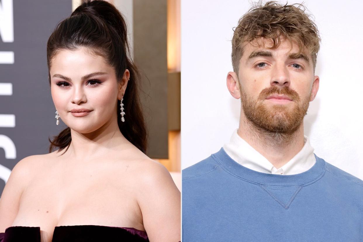 Selena Gomez attends the 80th Annual Golden Globe Awards at The Beverly Hilton on January 10, 2023 in Beverly Hills, California. (Photo by Frazer Harrison/WireImage); Drew Taggart and Alex Pall attend A Conversation With The Chainsmokers at The GRAMMY Museum on October 10, 2022 in Los Angeles, California. (Photo by Rebecca Sapp/Getty Images for The Recording Academy)