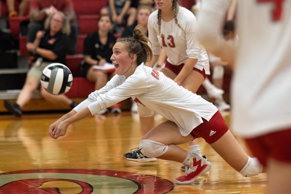 Crestwood’s Aimee Barnauskas dives for the ball during Monday night’s game against the Rootstown Rovers in Mantua.