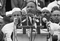 <p>Dr. Martin Luther King Jr. addresses marchers during his “I Have a Dream” speech at the Lincoln Memorial in Washington on Aug. 28, 1963. (AP Photo) </p>