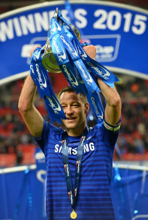 Chelsea's captain John Terry is pictured with the League Cup trophy in 2015