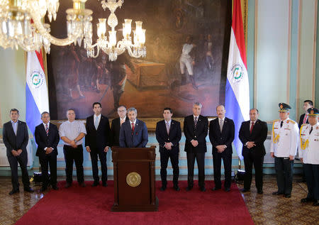 Paraguay's President Mario Abdo addresses the audience as he announces that his government was cutting diplomatic ties with Venezuela and was immediately withdrawing his country's diplomats from Caracas, in Asuncion, Paraguay, January 10, 2019. REUTERS/Jorge Adorno