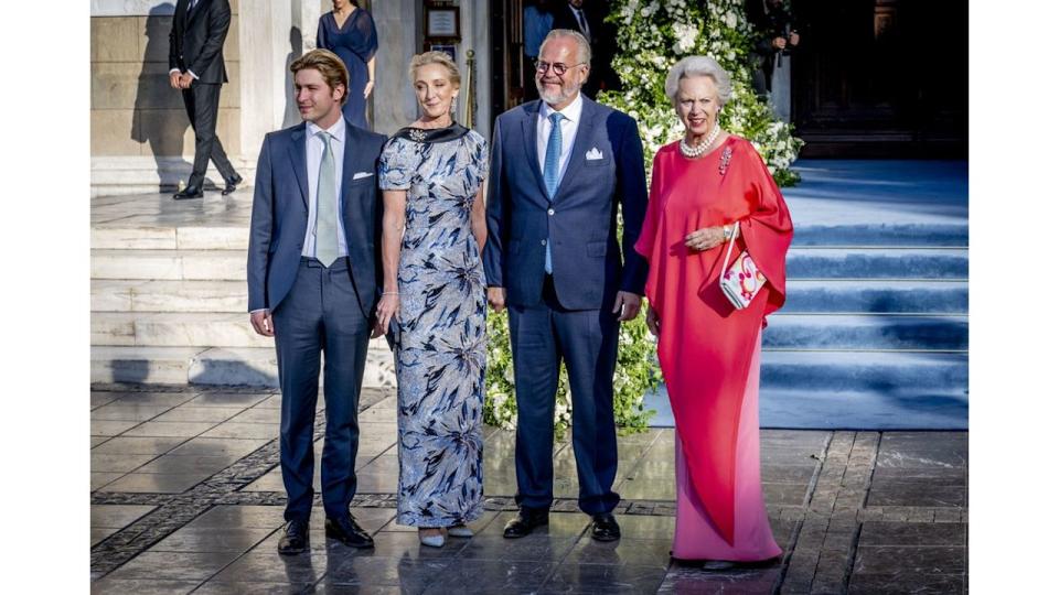 Count Michael Ahlefeldt-Laurvig-Bille, Princess Benedikte, Princess Alexandra (Berleburg) pose outside cathedral