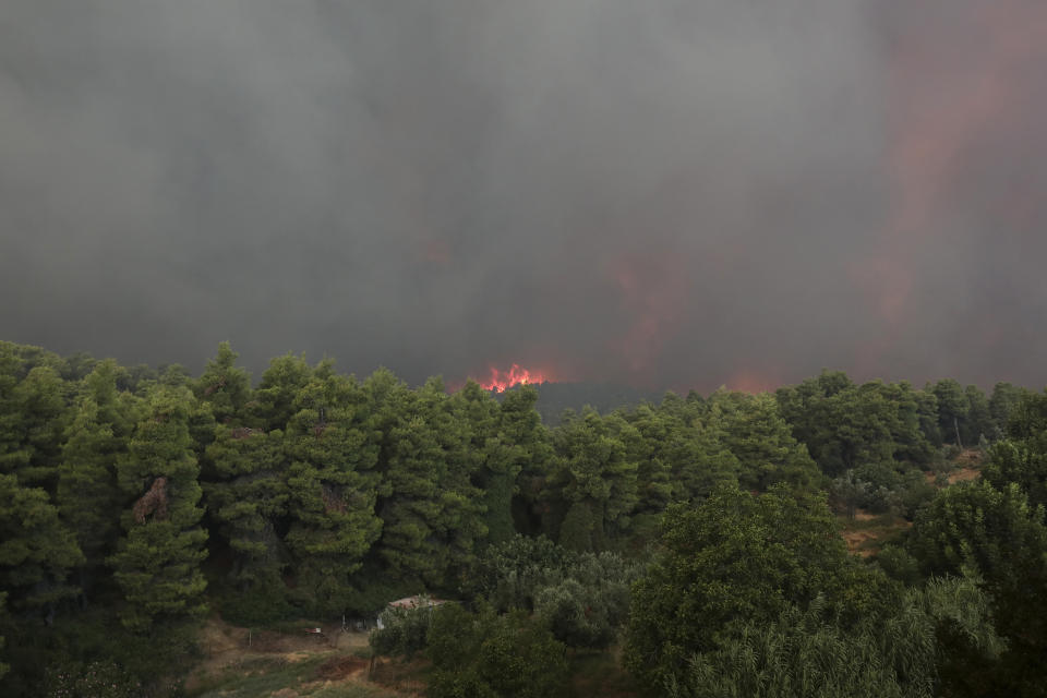 A huge cloud of smoke rise from a forest fire at Psachna village on the island of Evia, northeast of Athens, Tuesday, Aug. 13, 2019. Dozens of firefighters backed by water-dropping aircraft are battling a wildfire on an island north of Athens that has left the Greek capital blanketed in smoke. (AP Photo/Yorgos Karahalis)