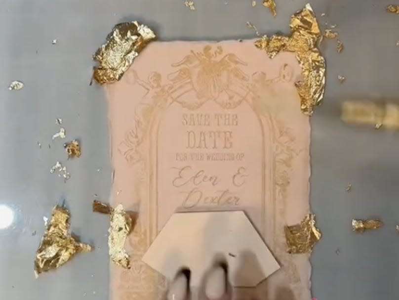 A screenshot of the process of making handmade save-the-dates with stamps