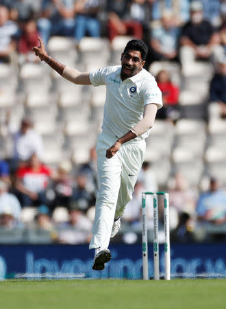 Cricket - England v India - Fourth Test - Ageas Bowl, West End, Britain - August 30, 2018 India's Jasprit Bumrah celebrates taking the wicket of England's Keaton Jennings Action Images via Reuters/Paul Childs