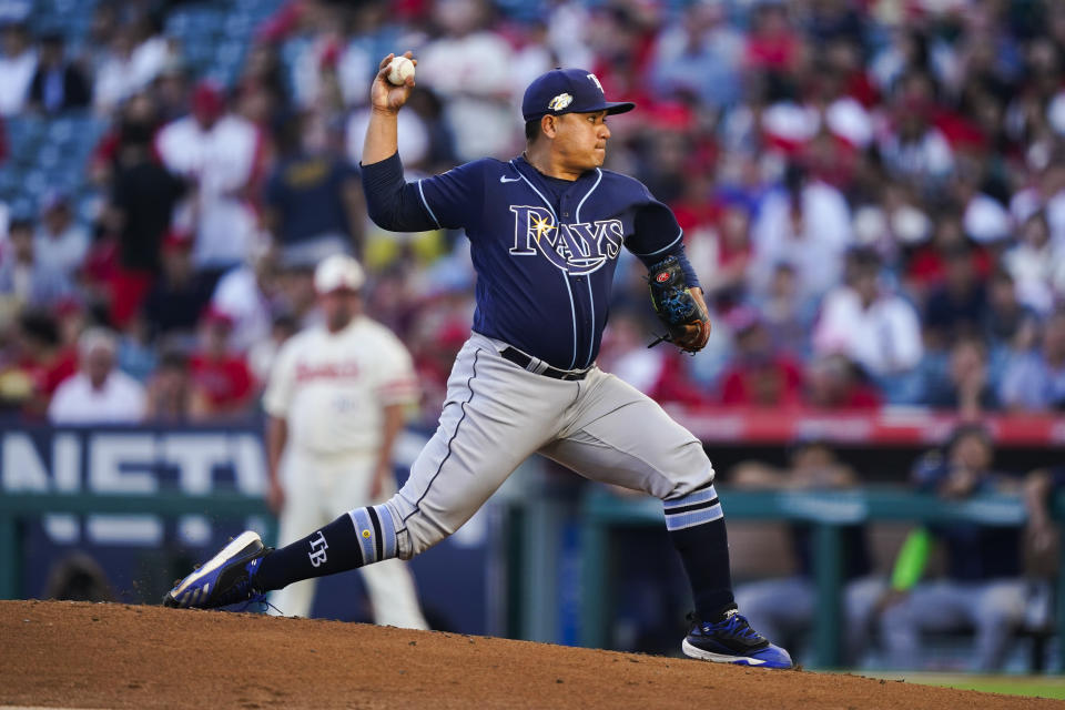 Tampa Bay Rays starting pitcher Erasmo Ramirez throws to a Los Angeles Angels batter during the first inning of a baseball game Friday, Aug. 18, 2023, in Anaheim, Calif. (AP Photo/Ryan Sun)