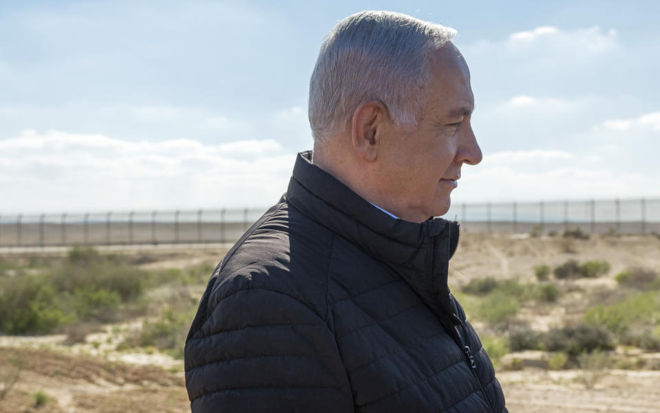 Israel's Prime Minister Benjamin Netanyahu visits the southern border with Egypt at Nitzana, Israel, in the Negev Desert, Thursday, March 7, 2019. (Jim Hollander/Pool via AP)