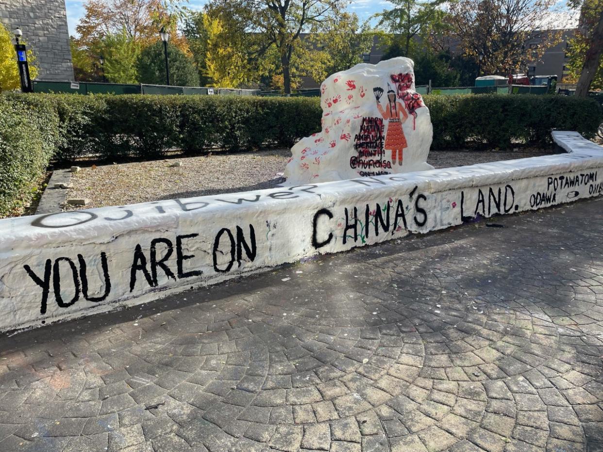  Evanston, IL. Sunday, November 7, 2021: Vandals defaced a rock central at Northwestern University after the Native American and Indigenous Student Association designed a positive message for Native American Heritage Month. Photo Courtesy Isabella Twocrow. 