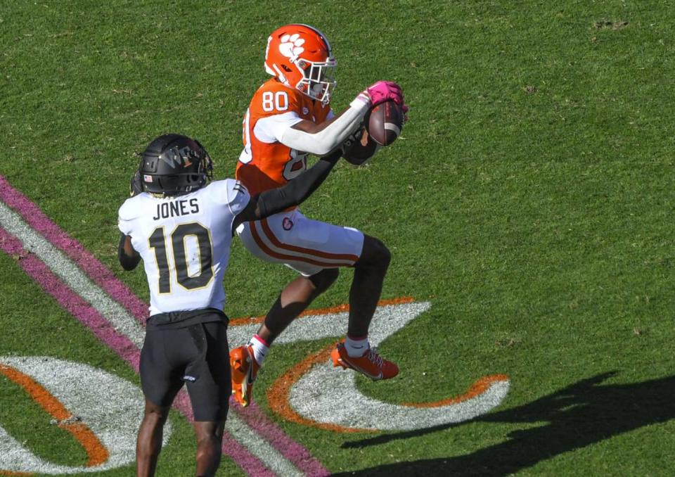 Oct 7, 2023; Clemson, South Carolina, USA; Clemson wide receiver Beaux Collins (80) catches a pass near Wake Forest defensive back Kenneth Dicks III (10) during the second quarter at Memorial Stadium. Mandatory Credit: Ken Ruinard-USA TODAY Sports