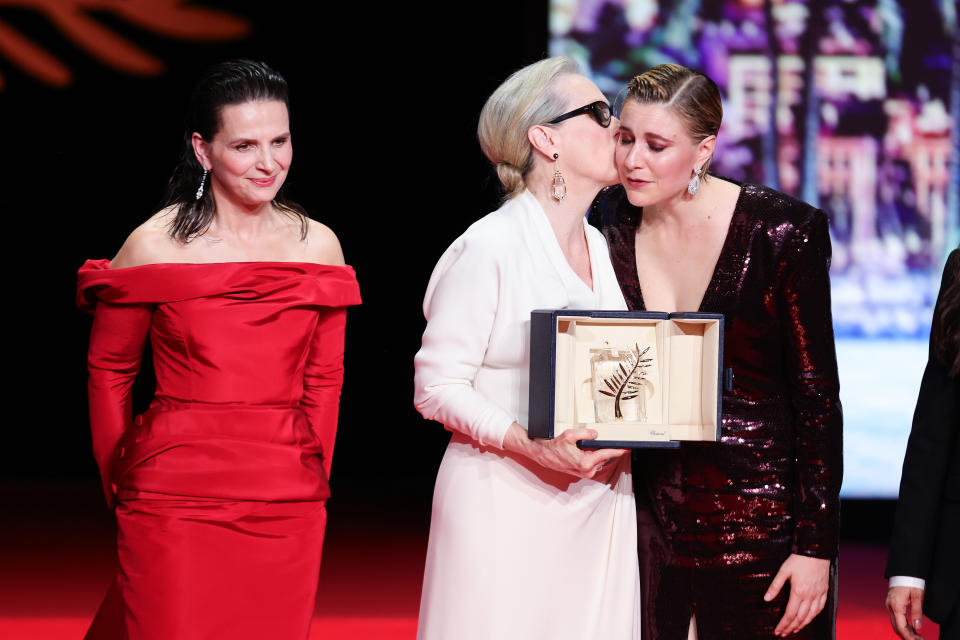 (L-R) Juliette Binoche, Meryl Streep and Greta Gerwig onstage Tuesday night in Cannes