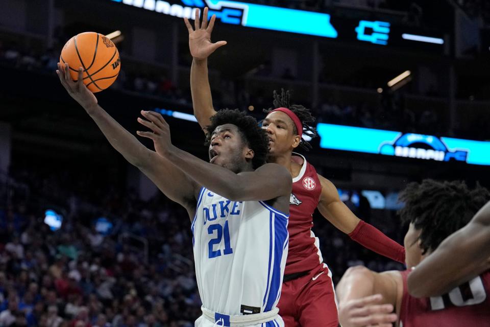 Duke forward AJ Griffin shoots against Arkansas during the second half in the Elite 8 round of the NCAA men's tournament in San Francisco, Saturday, March 26, 2022.