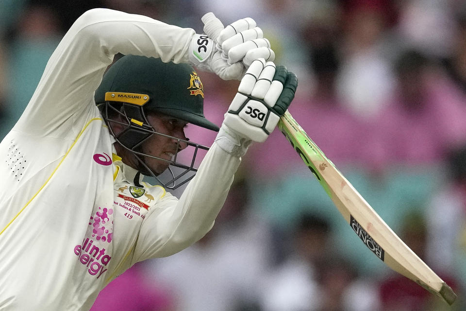 Australia's Usman Khawaja bats against South Africa during the first day of their cricket test match at the Sydney Cricket Ground in Sydney, Wednesday, Jan. 4, 2023. (AP Photo/Rick Rycroft)