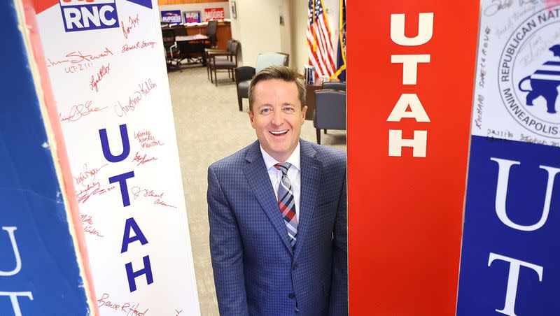 Outgoing Utah GOP Chairman Derek Brown poses for a photo at the party’s headquarters in Salt Lake City on April 28, 2021. Brown says he is pondering  run for Utah attorney general.