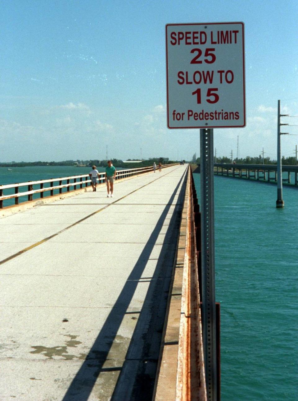 A sign on the Old Seven Mile Bridge in the Keys warns cars to slow down in 1995.