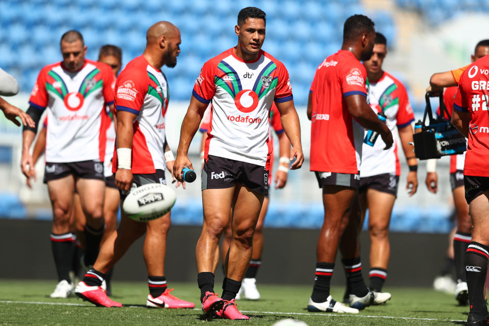 Roger Tuivasa-Sheck of the Warriors warms up before the round 2 NRL match between the New Zealand Warriors and the Canberra Raiders at Cbus Super Stadium on March 21, 2020 in Gold Coast, Australia. (Photo by Chris Hyde/Getty Images)