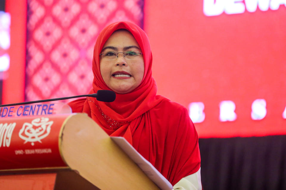 Wanita Umno chief Datuk Noraini Ahmad speaks during the 2019 Umno General Assembly at Putra World Trade Centre in Kuala Lumpur December 5, 2019. — Picture by Firdaus Latif