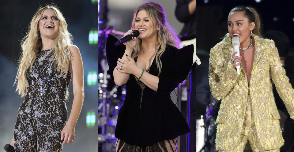 En esta combinación de fotografías, Kelsea Ballerini en el CMA Fest 2022 en Nashville, Tennesee, el 10 de junio de 2022, izquierda, Kelly Clarkson durante una presentación en "Today" de NBC en Nueva York el 22 de septiembre de 2023, centro, y Miley Cyrus durante su presentación en la 61a edición anual del Grammy en Los Angeles el 10 de febrero de 2019. Las tres artistas han realizado álbumes a partir de sus divorcios y están nominadas al Grammy. (Foto AP)