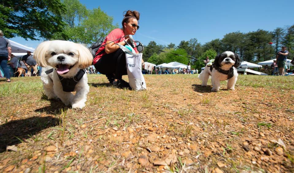 Marissa Blazer plays with her dogs Chewie and Lando during the Bark in the Park event at Sokol Park Saturday, April 23, 2022.