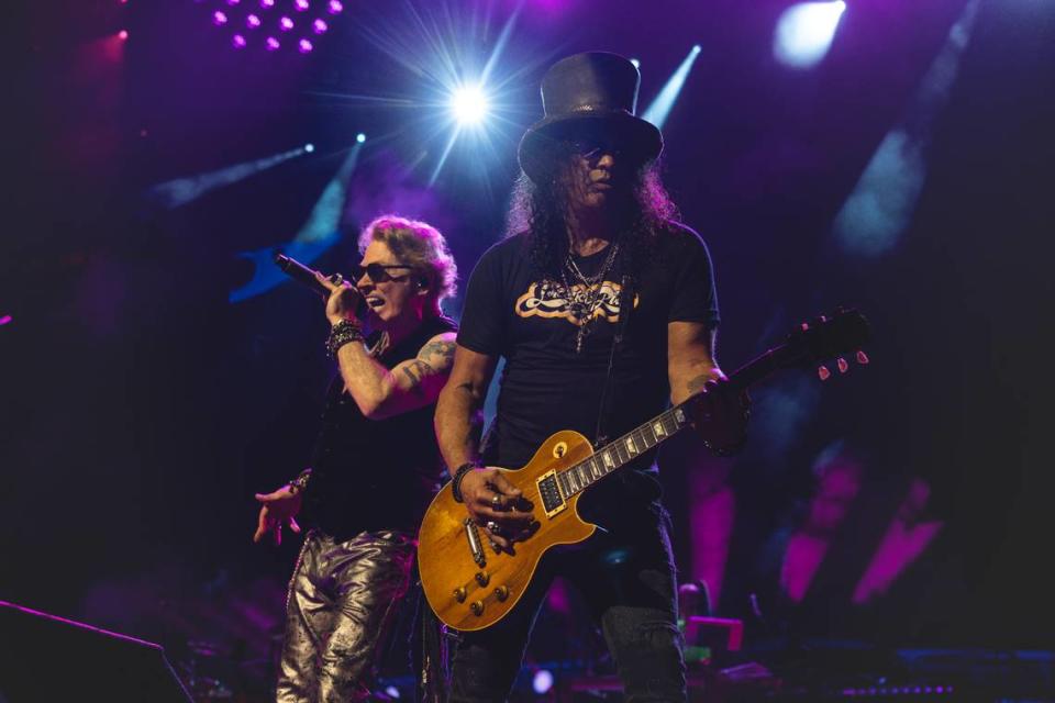 Axl Rose, left, and Slash of Guns N’ Roses, photographed at Spectrum Center in Charlotte during the rock band’s world tour concert on Tuesday night.