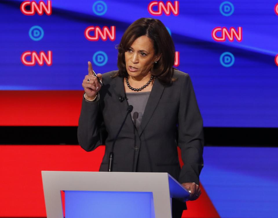 Sen. Kamala Harris, D-Calif., participates in the second of two Democratic presidential primary debates hosted by CNN Wednesday, July 31, 2019, in the Fox Theatre in Detroit. (AP Photo/Paul Sancya)