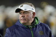 Notre Dame head coach Brian Kelly watches against Southern California in the second half of an NCAA college football game in South Bend, Ind., Saturday, Oct. 23, 2021. (AP Photo/Paul Sancya)