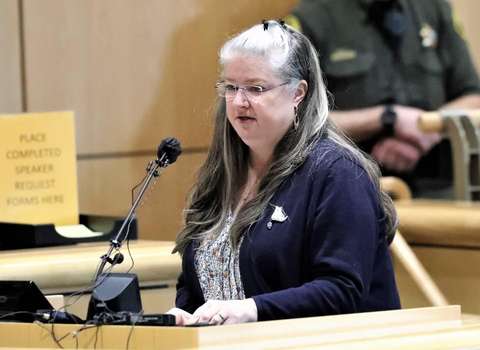 Shasta County Clerk and Registrar of Voters Cathy Darling Allen appears before the Board of Supervisors on Tuesday, March 1, 2022, to present results of the Feb. 1, 2022, recall election of District 2 Supervisor Leonard Moty. Moty lost and winning candidate Tim Garman took Moty's place.