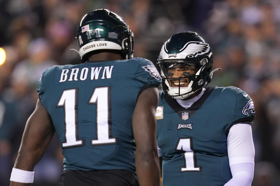 Jalen Hurts #1 and A.J. Brown #11 of the Philadelphia Eagles are fantasy stars