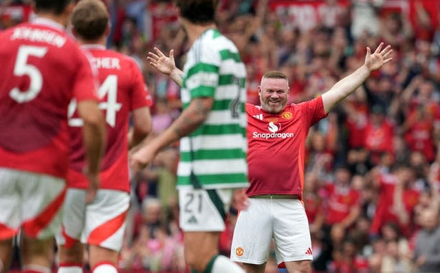 Wayne Rooney celebrates scoring a goal for Manchester United Legends against Celtic at Old Trafford