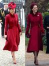 <p>The Duchess referenced the good old days of the "fab four" at the 2020 Commonwealth Day Services, on Monday, March 8, by wearing a red Catherine Walker Coat with velvet detailing that she also donned at <a href="https://www.townandcountrymag.com/style/fashion-trends/a25634345/kate-middleton-red-coat-christmas-day-photos/" rel="nofollow noopener" target="_blank" data-ylk="slk:Christmas Day services in 2018.;elm:context_link;itc:0;sec:content-canvas" class="link ">Christmas Day services in 2018.</a></p>