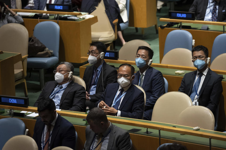 China's delegates are seated during the 2022 Nuclear Non-Proliferation Treaty (NPT) review conference, in the United Nations General Assembly, Monday, Aug. 1, 2022. (AP Photo/Yuki Iwamura)