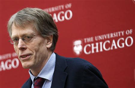 University of Chicago professors Lars Hansen speaks at a news conference after it was announced he won the 2013 Nobel Prize in Economics in Chicago, October 14, 2013. REUTERS/Jim Young