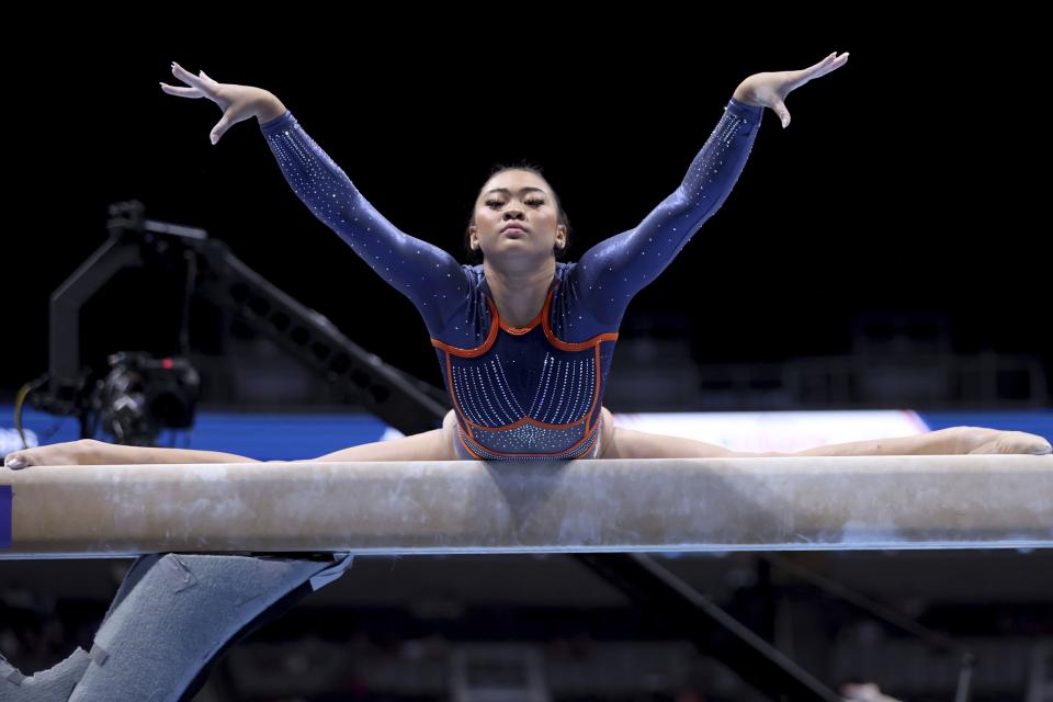 Suni Lee competes on the balance beam at the U.S. Gymnastics Championships, Friday, Aug. 25, 2023, in San Jose, Calif. | Jed Jacobsohn, Associated Press