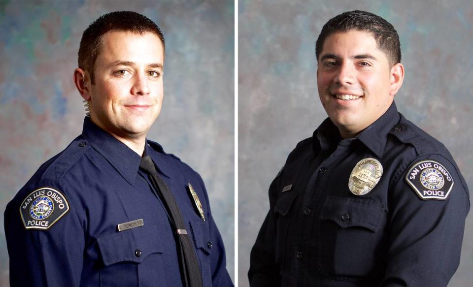 Detectives Luca Benedetti, left, and Steve Orozco were among six officers ambushed while serving a search warrant on a suspect in San Luis Obispo on Monday, May 10, 2021. Benedetti was killed, and Orozco was injured.