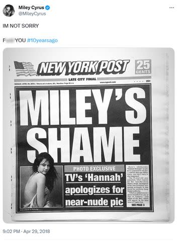<p>Miley Cyrus Twitter</p> Miley Cyrus slams New York Post's 2008 front page in tweet from 2018