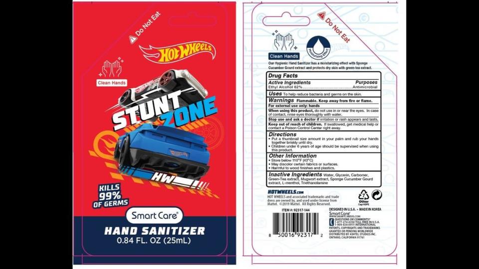 Smart Care’s Hot Wheels hand sanitizer, one of six Smart Care kid-marketed hand sanitizers recalled.