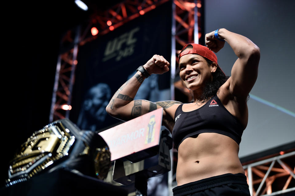 LAS VEGAS, NEVADA - DECEMBER 13:  Amanda Nunes of Brazil poses on the scale during the UFC 245 Weigh-Ins at T-Mobile Arena on December 13, 2019 in Las Vegas, Nevada. (Photo by Chris Unger/Zuffa LLC via Getty Images)