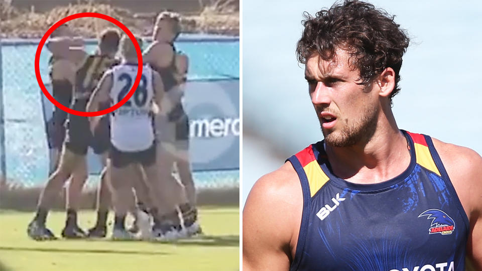 A 50-50 split image shows the scuffle during Adelaide's training session, next to an image of Kyle Hartican, who was involved.