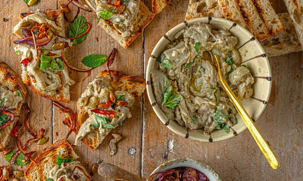 <span>Aubergine on toast with basil, pumpkin seeds and chilli.</span><span>Photograph: Romas Foord/The Observer</span>