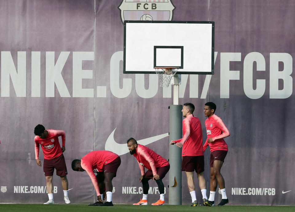 FC Barcelona players attend a training session at the Sports Center FC Barcelona Joan Gamper in Sant Joan Despi, Spain, Tuesday, April 30, 2019. FC Barcelona will play against Liverpool in a first leg semifinal Champions League soccer match on Wednesday, May 1. (AP Photo/Manu Fernandez)