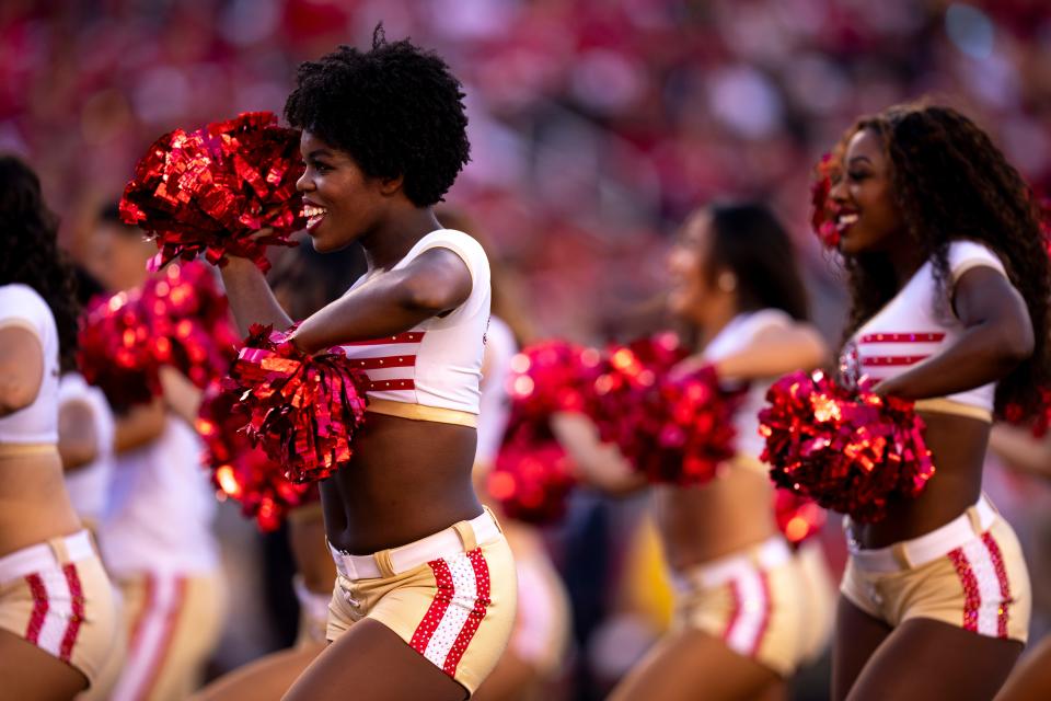 San Francisco 49ers cheerleaders perform in the third quarter of the NFL game between the Cincinnati Bengals and the San Francisco 49ers at Levi Stadium in Santa Clara, Calif., on Sunday, Oct 29, 2023.