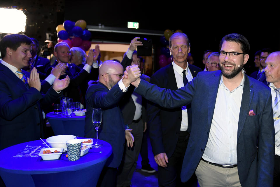 The leader of the Sweden Democrats Jimmie Åkesson delivers a speech at the party's election watch at Elite Hotel Marina Tower Tower in Nacka, near Stockholm, early Monday, Sept. 12, 2022. An exit poll projected that Sweden’s ruling left-wing Social Democrats have won the most votes in a general election Sunday, while a right-wing populist party had its best showing yet. (Maja Suslin/TT News Agency via AP)