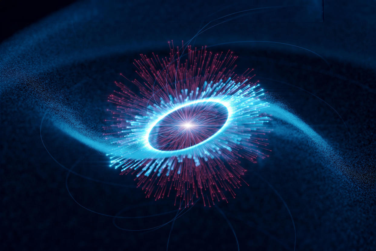 The researchers think that infrared light particles (photons) from the poles of the pulsar are boosted to gamma-ray energies (blue) by fast electrons. Science Communication Lab for DESY