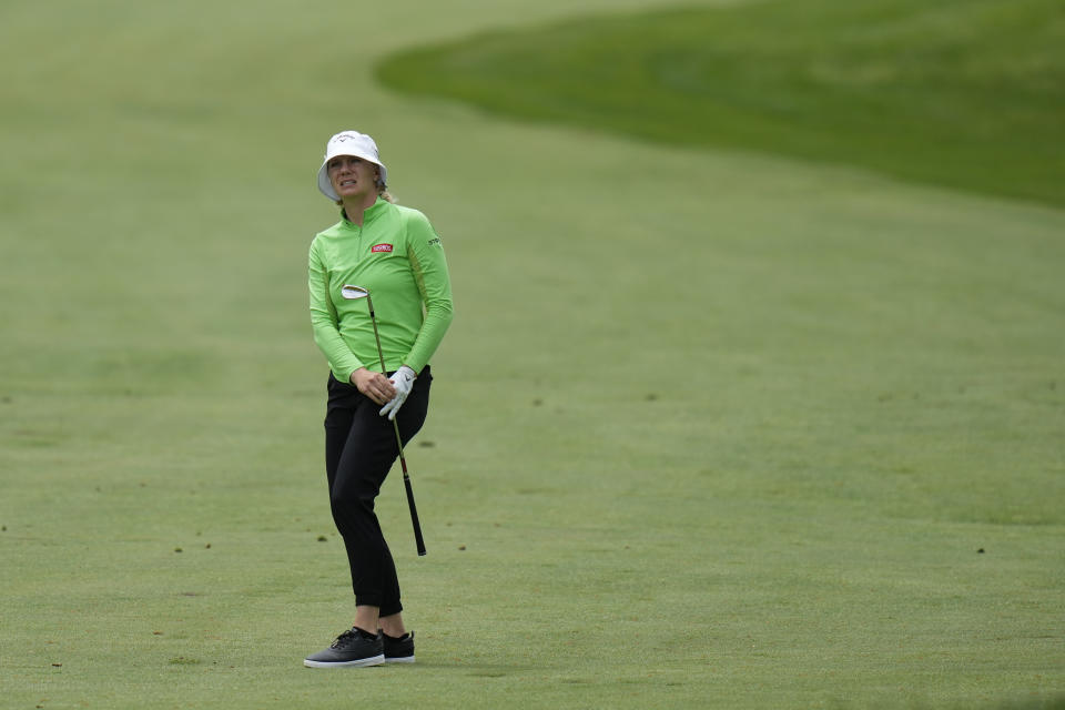 Madelene Sagstrom, of Sweden, reacts to her shot on the ninth hole during the first round of the LPGA Cognizant Founders Cup golf tournament, Thursday, May 9, 2024, in Clifton, N.J. (AP Photo/Seth Wenig)