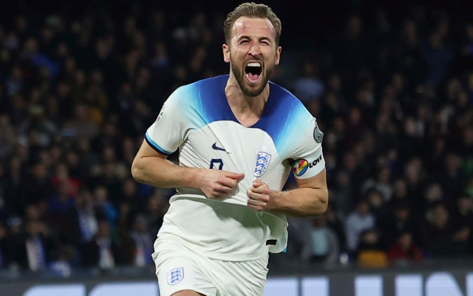 Harry Kane turns to the England fans and yells exuberantly