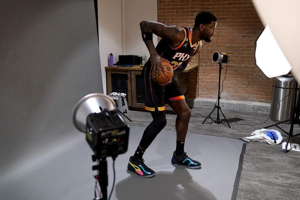 Phoenix Suns' Deandre Ayton poses for a photo during an NBA basketball media day, Monday, Sept. 26, 2022, in Phoenix. (AP Photo/Matt York)