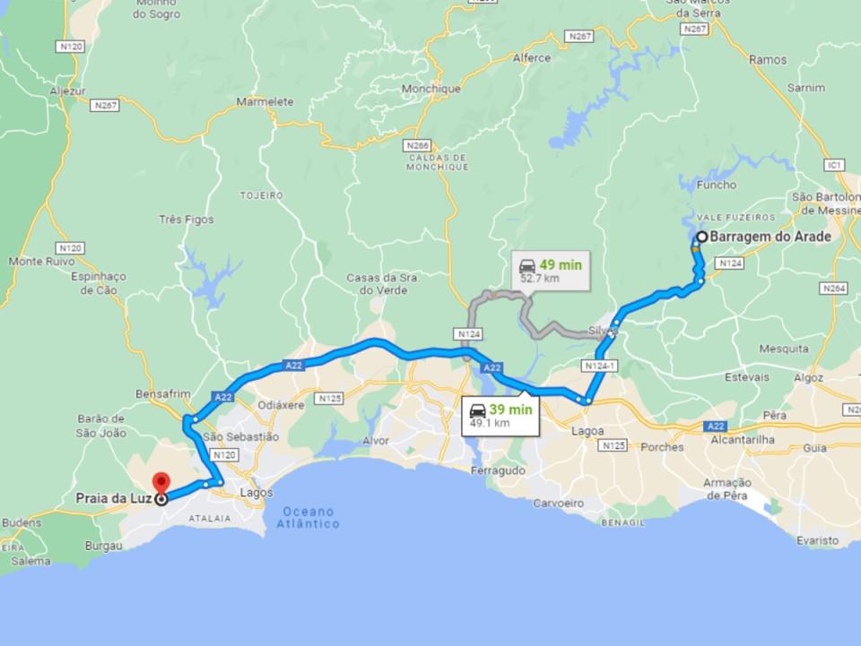 The reservoir is 31 miles from the Praia da Luz holiday resort, where Madeleine went missing (Google Maps)